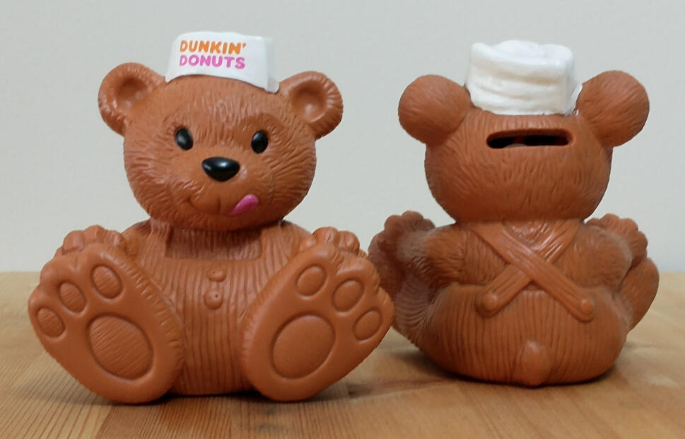 Dunkin Donuts Canada, three dimensional, plastic, bear shaped coin bank.