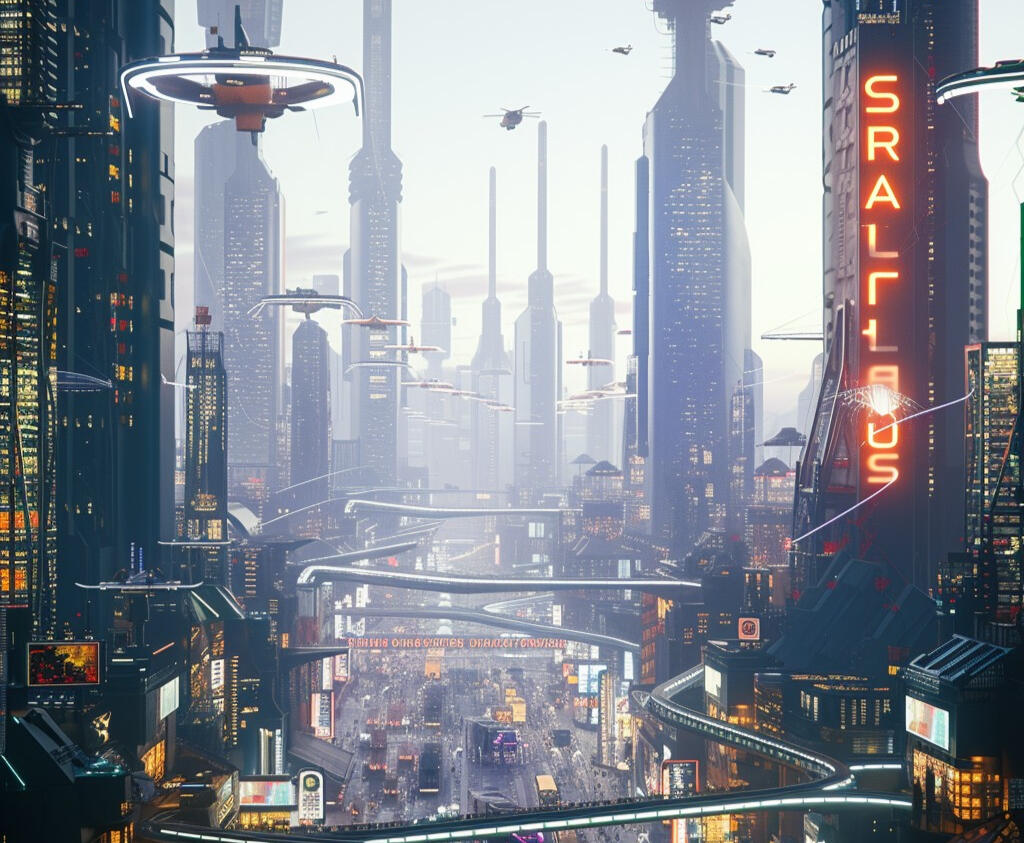 Futuristic City Bustle An awe-inspiring futuristic cityscape bustling with activity amidst soaring skyscrapers and neon advertising under a dusky sky. AI generated image.